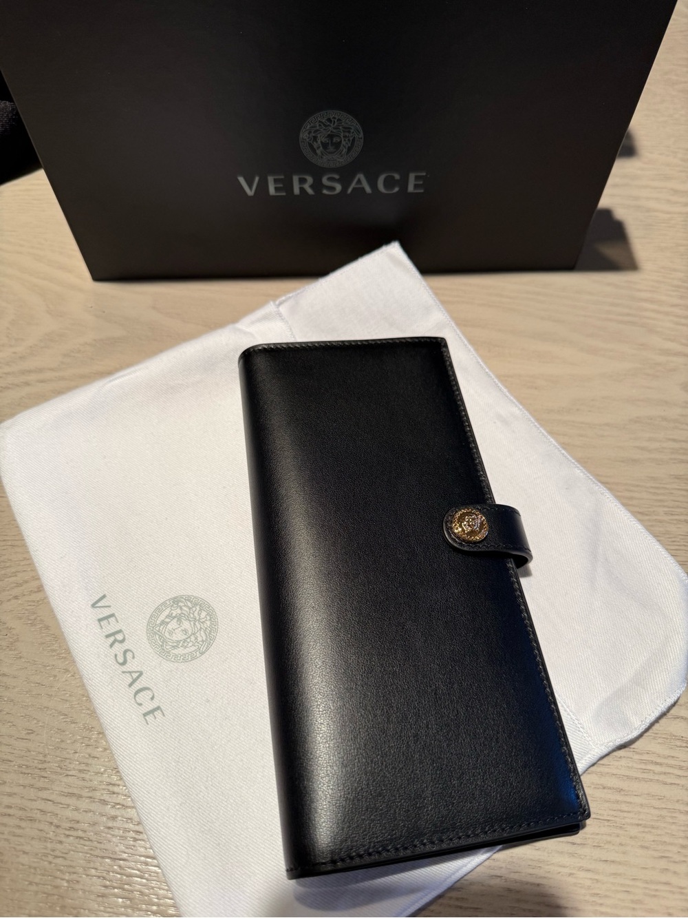 Versace Black Leather Long Wallet with Gold Medusa Snap
